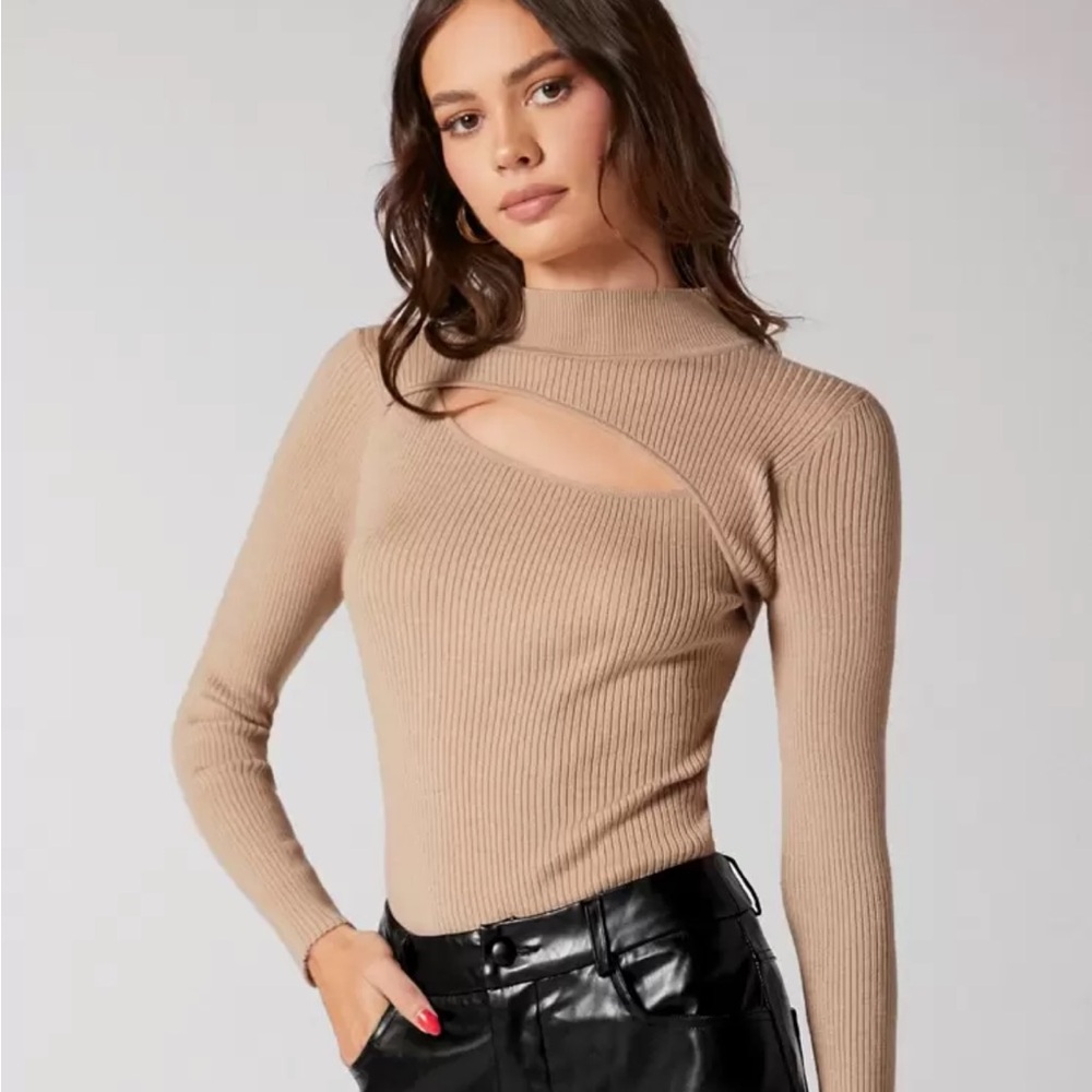 Tan Cutout Ribbed Sweater